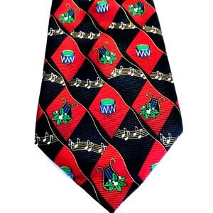 Meeting Street Repp Tie Chrristmas Music Notes Band Drum Poinsetta Red Holiday